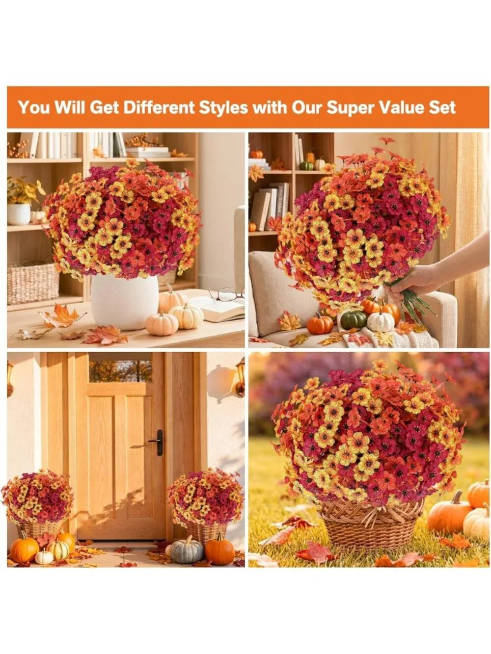 60 Pack Fall Mums Artificial Flowers for Home Decor & Events - Indoor/Outdoor